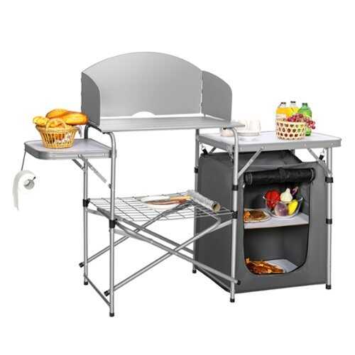 Rent to own Costway Foldable Camping Table Outdoor BBQ Portable Grilling Stand w/Windscreen Bag - Gray