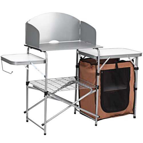 Rent to own Costway Foldable Camping Table Outdoor BBQ Portable Grilling Stand w/Windscreen Bag - Silver