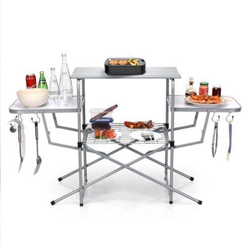 Rent to own Costway Foldable Camping Table Outdoor Kitchen Portable Grilling Stand Folding BBQ Table - light gray