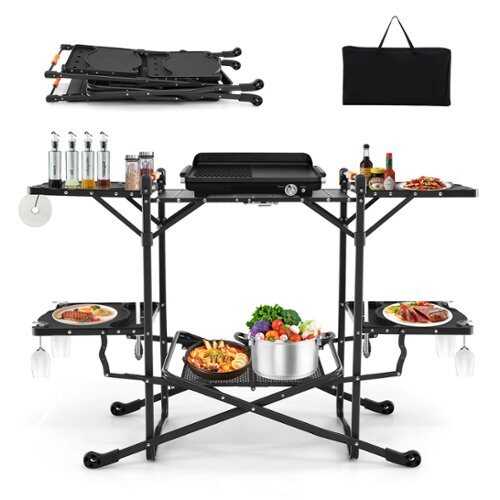 Rent to own Costway Camping Kitchen Table Folding Portable Outdoor Cook Station w/ 4 Side Tables - Black