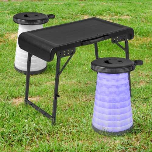 Rent to own Costway 3-Piece Folding Table Stool Set with a Camping Table & 2 Retractable LED Stools - Black+White