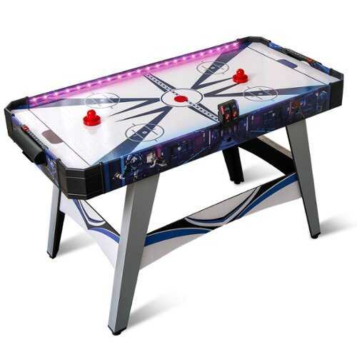 Rent to own Costway 54" Air Hockey Game Table w/2 Pushers Pucks Adjustable Foot Pads LED Scoreboard - White/Blue