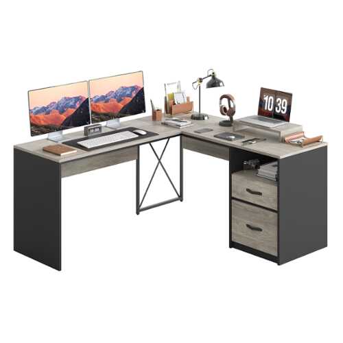 Rent to own Bestier 55" L-Shaped Gaming Desk with Drawers and File Cabinet Farmhouse-Style Computer Desk - Gray