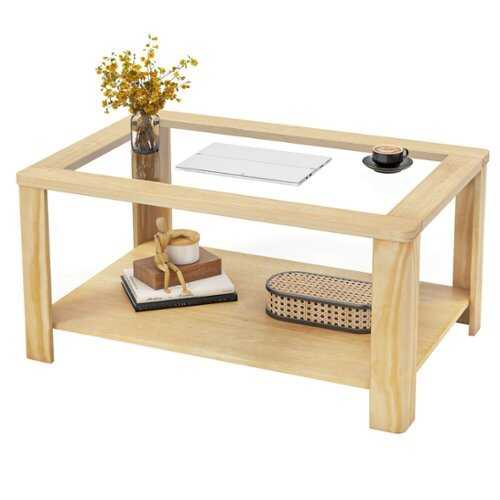 Rent to own Costway 2-Tier Coffee Table with Tempered Glass Tabletop & Storage Shelf Rounded Corners - Natural