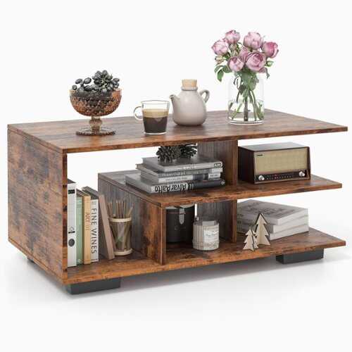 Rent to own Costway Geometric Coffee Table w/ Storage Shelves 3-Tier Rectangular Tea Table - Rustic Brown