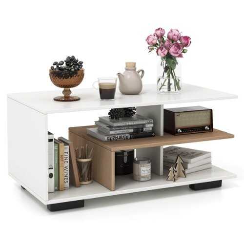 Rent to own Costway Geometric Coffee Table w/ Storage Shelves 3-Tier Rectangular Tea Table - Natural and White