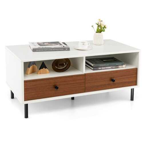 Rent to own Costway Coffee Table Modern Rectangle W/Storage Shelf & Drawers Living Room Furniture - White and Brown