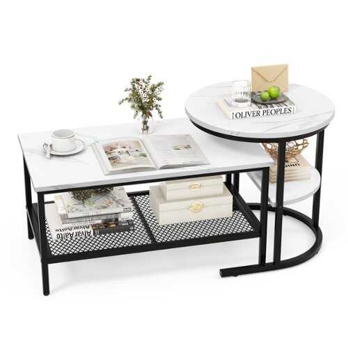 Rent to own Costway Nesting Coffee Table Set of 2 Faux Marble Top Detachable w/ Storage Shelf Black - Black and White