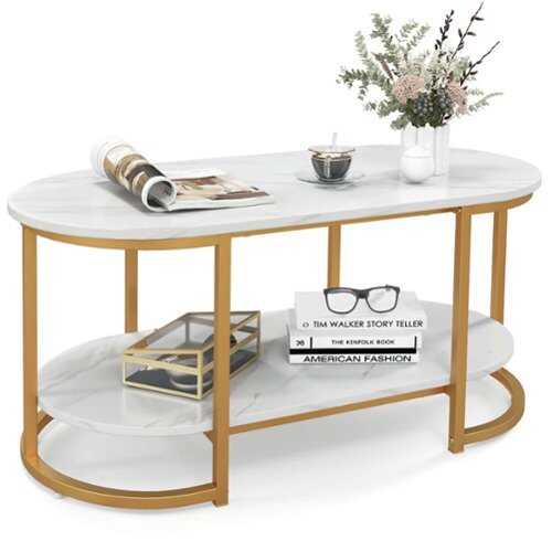 Rent to own Costway White Marble Coffee Table  Modern 2-Tier Center Table with Open Storage Shelf - White and Gold