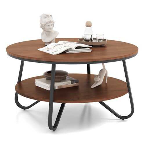Rent to own Costway 2-Tier Round Coffee Table with Wood Grain Finish & Heavy-duty Metal Frame - Walnut