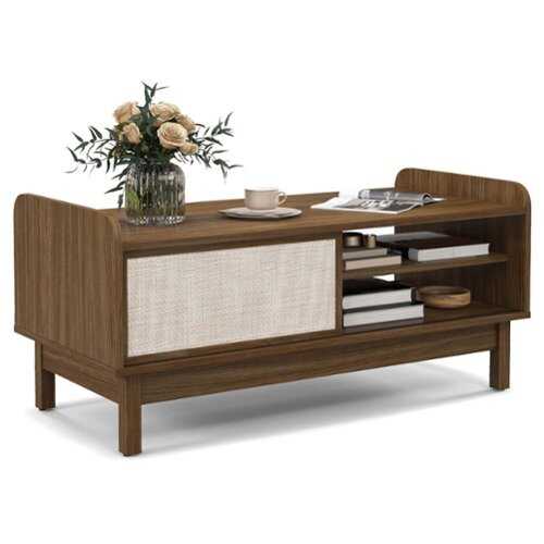 Rent to own Costway Rectangular Coffee Table with Storage Weaving Sliding Door & Adjustable Shelf - Walnut