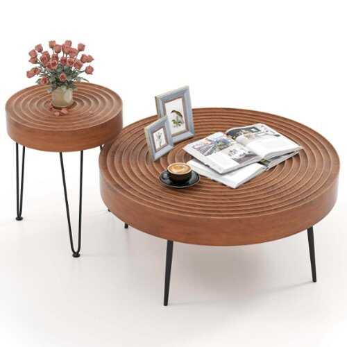 Rent to own Costway Farmhouse Round CoffeeTable Set of 2 End Table Natural Finish for Living Room - Brown