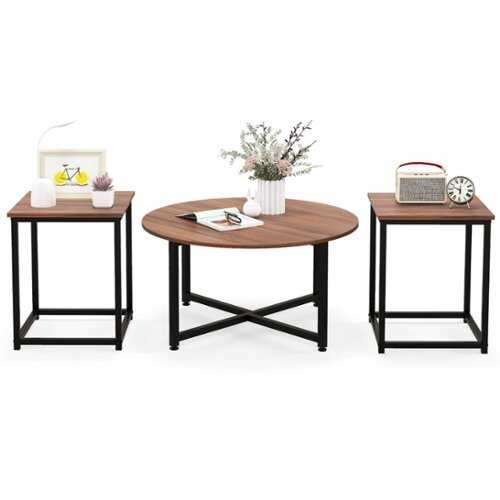 Rent to own Costway 3 PCS Coffee Table Set Round Coffee Table and 2PCS Square End Tables Metal Frame Walnut - Walnut and Black