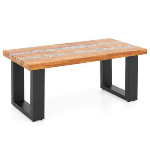 Rent to own Costway Teak Wood Patio Table with  River Feel Epoxy Tabletop Indoor Outdoor Side Table - Natural