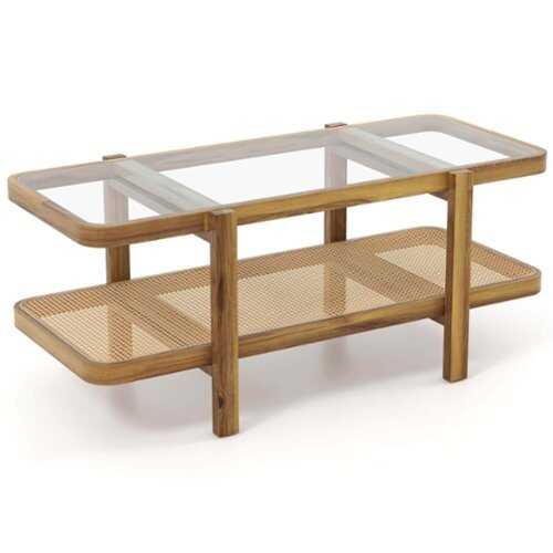 Rent to own Costway 2-Tier Rustic Coffee Table with Storage Tempered Glass Tabletop PE Rattan Shelf - Brown and Natural