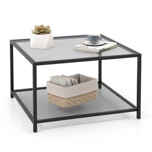 Rent to own Costway Glass Coffee Table 27.5 Inch 2-Tier Square with Mesh Shelf Living Room Grey - Grey and Black