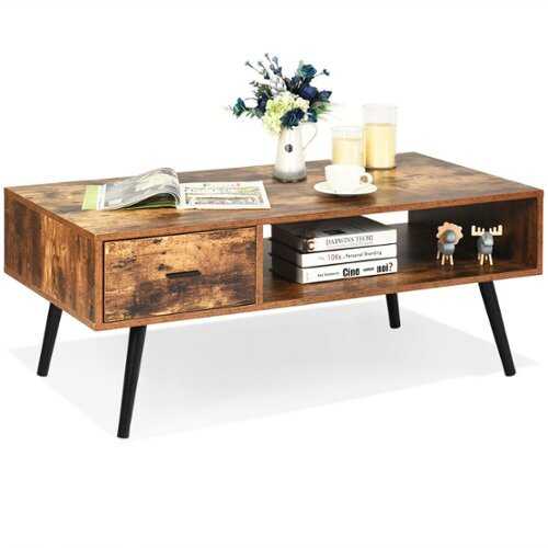 Rent to own Costway Retro Coffee Table Mid Century Modern Living Room Furniture w/Open Storage Shelf - Rustic Brown