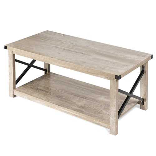 Rent to own Costway 43.5'' Rustic Coffee Table Farmhouse Cocktail Table w/ Storage Shelf - Gray