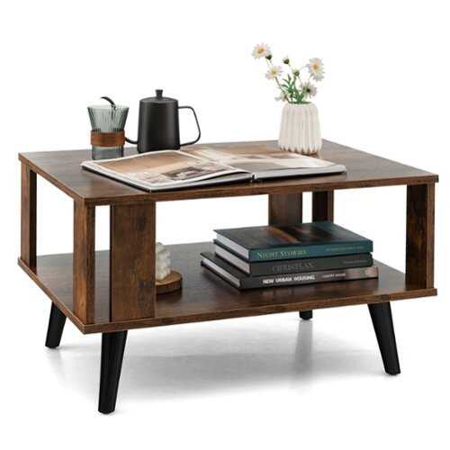 Rent to own Costway Coffee Table Retro Mid-Century Coffee Table W/Storage  Open Shelf Living Room - Rustic Brown, Black