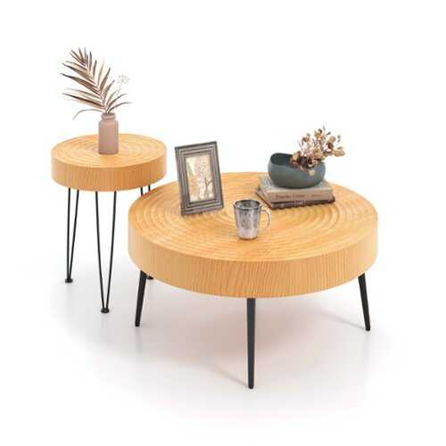 Rent to own Costway Round Coffee Table Set of 2 End Table Finish for Living Room Natural - Natural