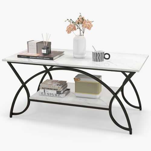 Rent to own Costway 2-Tier Industrial Coffee Table Rectangular Cocktail Table with Storage Shelf - White