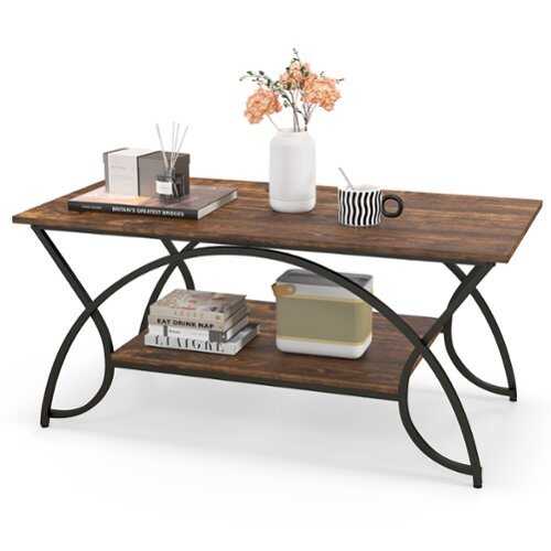 Rent to own Costway 2-Tier Industrial Coffee Table Rectangular Cocktail Table with Storage Shelf - Rustic Brown