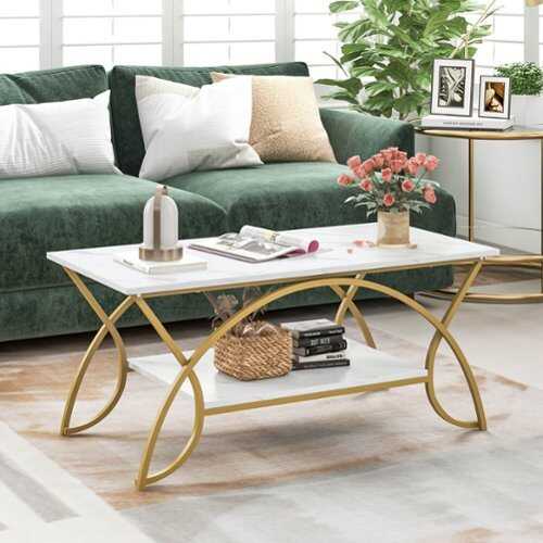 Rent to own Costway Coffee Table Modern Marble 2-Tier Coffee Table  Gold Rectangle for Living Room - White and Gold