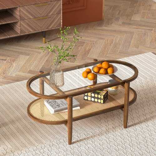 Rent to own Costway 2-Tier Coffee Table Tempered Glass Top with PE Rattan Shelf & Acacia Wood Frame - Brown