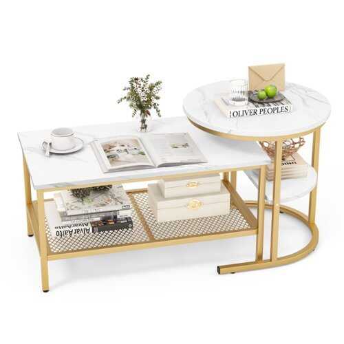 Rent to own Costway Nesting Coffee Table Set of 2 Faux Marble Top Detachable w/ Storage Shelf Gold - Gold and White