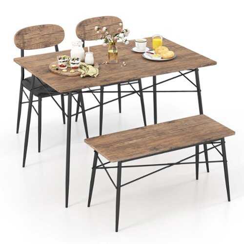 Rent to own Costway 4 Piece Dining Table Set with Bench & 2 Faux Leather Upholstered Chairs for Kitchen - Rustic Brown