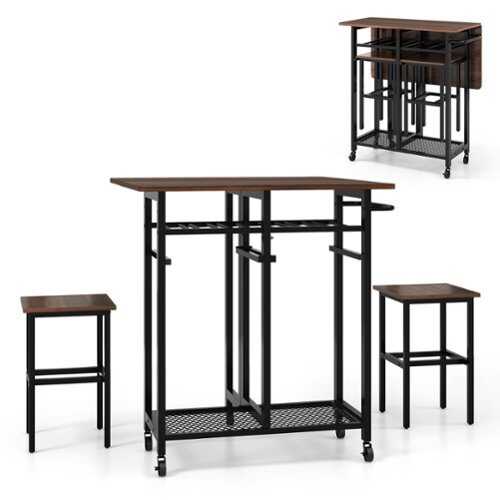 Rent to own Costway 3 PCS Rolling Dining Table Set Extendable Kitchen Table 2 Stools with Wine Rack Rustic Brown - Rustic Brown and Black