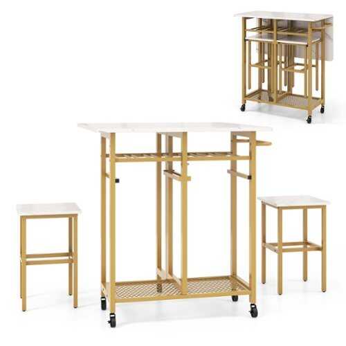 Rent to own Costway 3 PCS Rolling Dining Table Set Extendable Kitchen Table 2 Stools with Wine Rack White - White and Golden