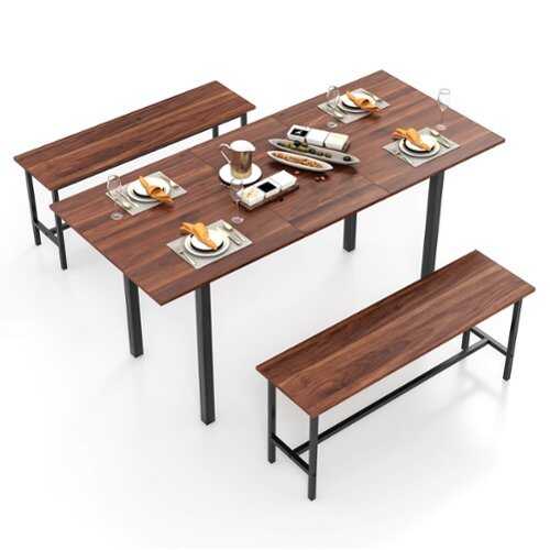 Rent to own Costway 3 Piece Dining Table Set for 4-6  63"Kitchen Table with 2 Benches Metal Frame - Walnut