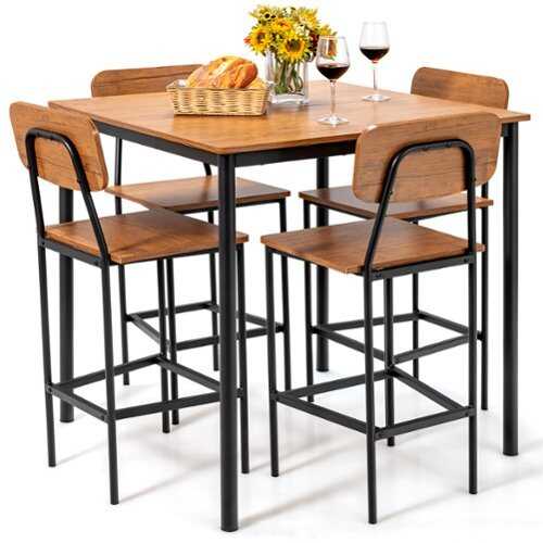 Rent to own Costway 5-Piece Industrial Dining Table Set with Counter Height Table & 4 Bar Stools - Brown