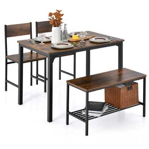 Rent to own Costway 4pcs Dining Table Set Rustic Desk 2 Chairs & Bench with Storage Rack - Brown