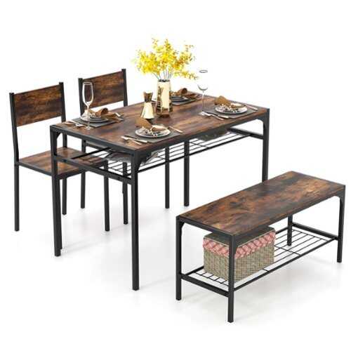 Rent to own Costway Dining Table Set for 4 Rectangular Table with 2 Chairs, 1 Bench, Storage Racks - Rustic Brown