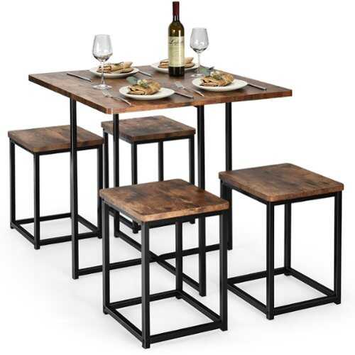 Rent to own Costway 5pcs Dining Set Compact Dining Table and 4 Stools Metal Frame Nature\ Vintage Walnut - Walnut and  Black