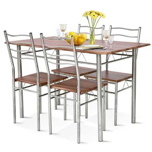 Rent to own Costway 5 Piece Dining Table Set Wood Metal Kitchen Breakfast Furniture with 4 Chair - Walnut