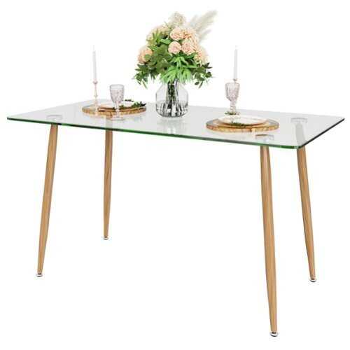 Rent to own Costway Modern Glass Dining Table Rectangular Dining Room Table W/Metal Legs For Kitchen - Transparent, Natural