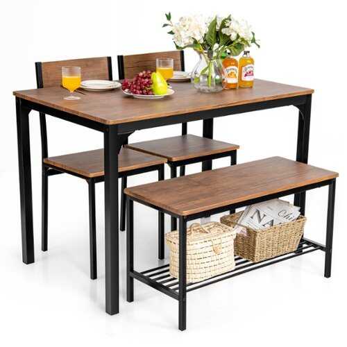 Rent to own Costway 4pcs Dining Table Set Rustic Desk 2 Chairs & Bench w/ Storage Rack - Brown