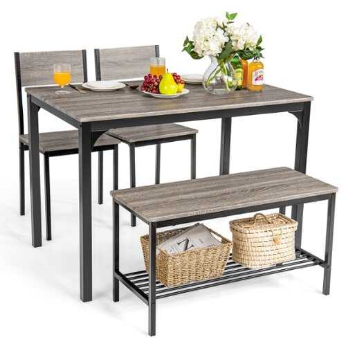 Rent to own Costway 4pcs Dining Table Set Rustic Desk 2 Chairs & Bench w/ Storage Rack Grey - Gray