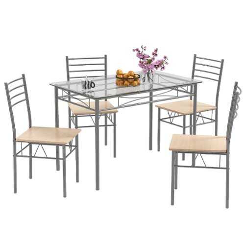 Rent to own Costway 5 Piece Dining Set Table and 4 Chairs Glass Top Kitchen Breakfast Furniture Brown - Brown and Silver