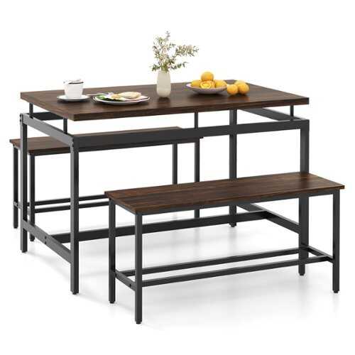 Rent to own Costway 3 PCS Dining Table Set for 4 w/ 43" Wooden Kitchen Table 2 Benches Metal Frame - Brown and Black