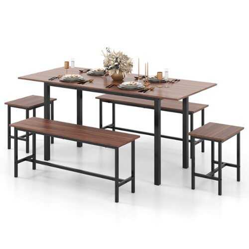 Rent to own Costway 5 PCS Dining Table Set for 4-6 w/ 2 Benches & 2 Stools Metal Frame Dining Room - Walnut