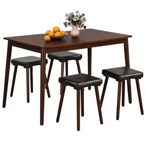 Rent to own Costway 5 PCS Dining Table Set for 4 w/4 Upholstered Stools Rubber Wood Legs for Kitchen - Brown