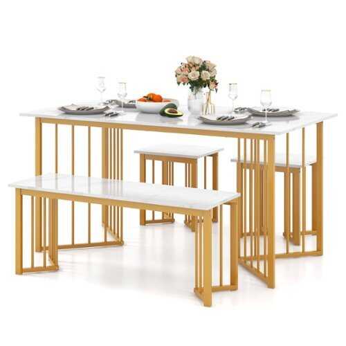 Rent to own Costway 4 PCS Dining Table Set Kitchen Table w/ Bench & 2 Stools Wing-shaped Metal Legs - White and Gold