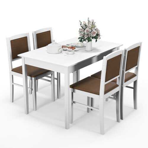 Rent to own Costway 5 PCS Dining Table Set for 4 w/Rubber Wood Legs Upholstered Seat Padded Backrest - White and Brown