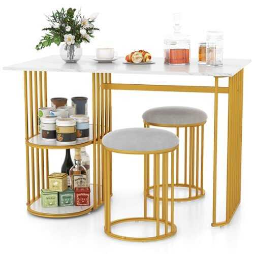 Rent to own Costway 3 Piece Dining Table Set w/ 2 Stools 2-tier Storage Shelf Upholstered Seat - White and Gold