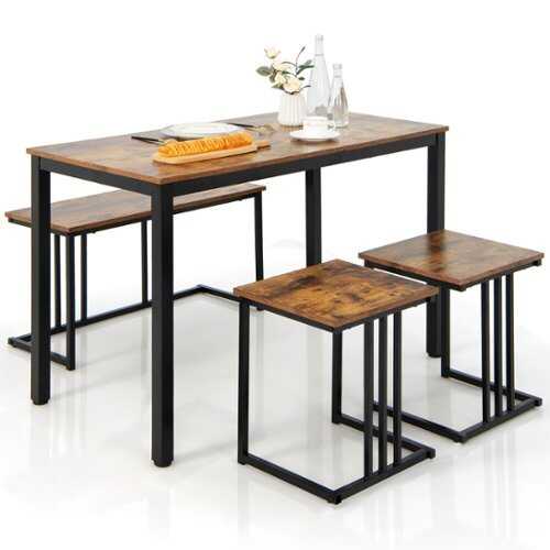 Rent to own Costway 4 Piece Dining Table Set Industrial Kitchen Table Set W/ Bench & 2 Stools for 4 - Brown