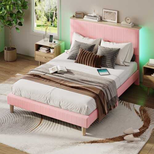 Rent to own Bestier Twin Size Upholstered Platform Bed Frame with LED Lighting and Adjustable Storage Headboard for Bedroom - Pink